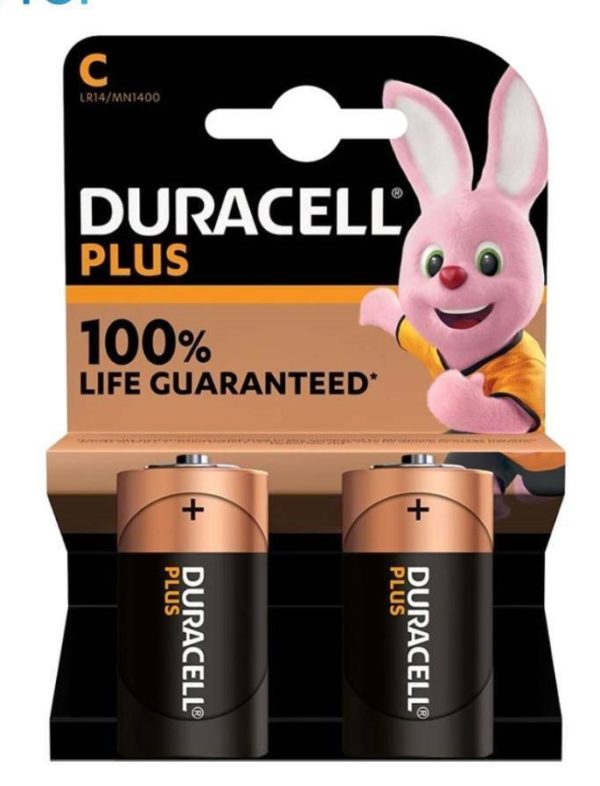 2 DURACELL PLUS C LR14 ALKALINE BATTERIES MN1400